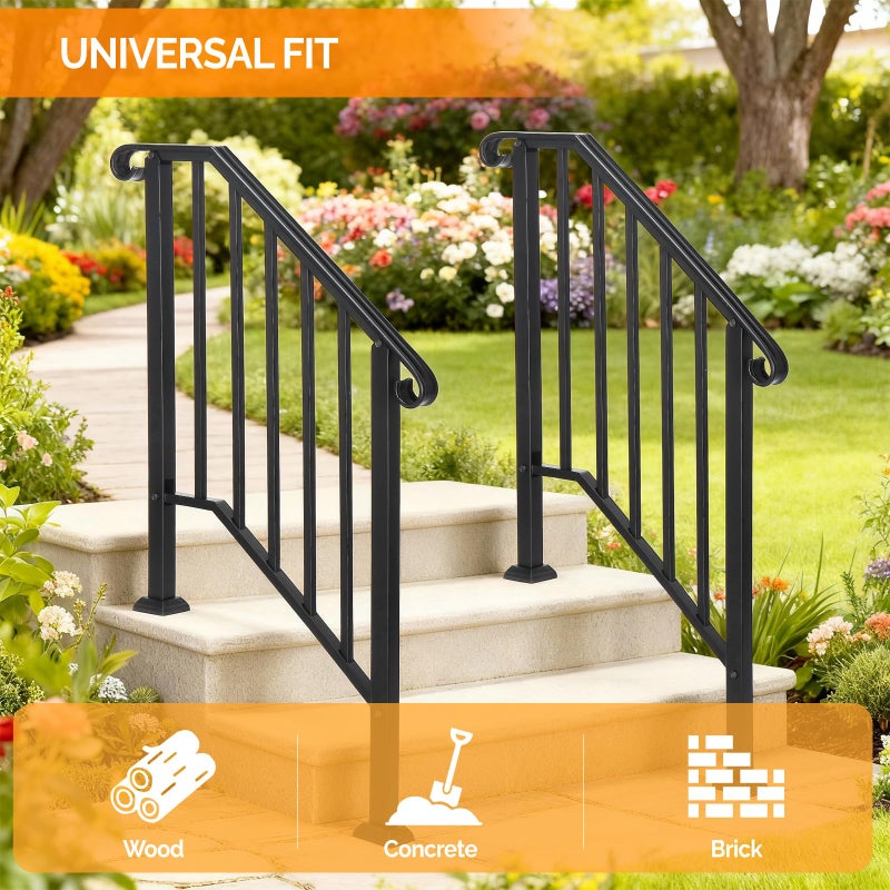 VINGLI Handrails for Outdoor Step, Stair Handrail Fits 1 to 5 Steps, Wrought Iron Hand Rail Stair Railing Kit for Concrete/Porch/Wooden Steps (Black, 2 to 3 Steps) - Image 4