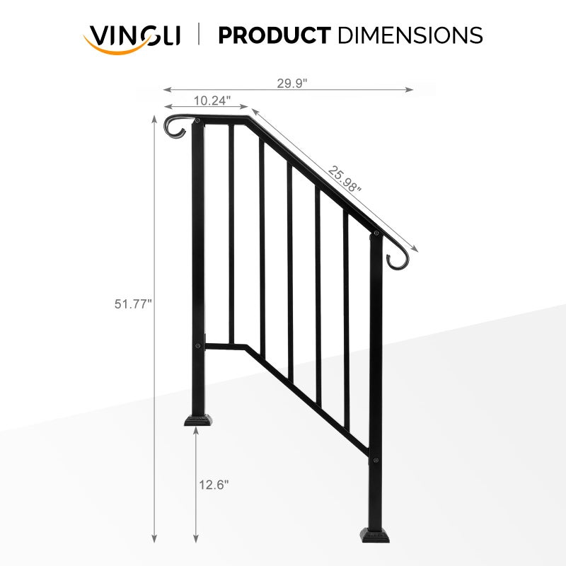 VINGLI Handrails for Outdoor Step, Stair Handrail Fits 1 to 5 Steps, Wrought Iron Hand Rail Stair Railing Kit for Concrete/Porch/Wooden Steps (Black, 2 to 3 Steps) - Image 5