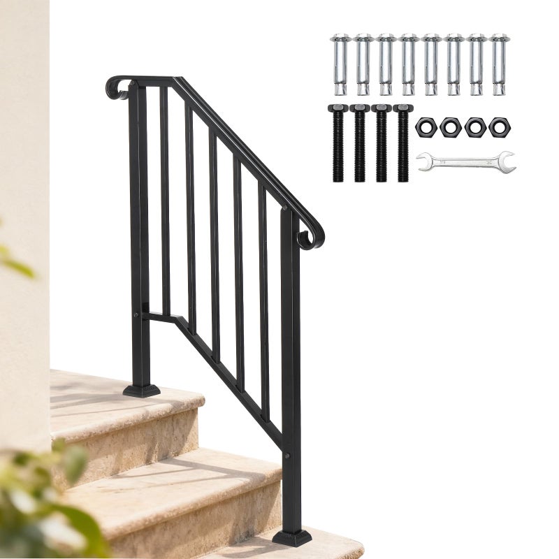 VINGLI Handrails for Outdoor Step, Stair Handrail Fits 1 to 5 Steps, Wrought Iron Hand Rail Stair Railing Kit for Concrete/Porch/Wooden Steps (Black, 2 to 3 Steps) - Image 1