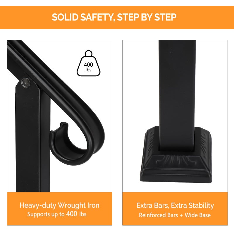 VINGLI Handrails for Outdoor Step, Stair Handrail Fits 1 to 5 Steps, Wrought Iron Hand Rail Stair Railing Kit for Concrete/Porch/Wooden Steps (Black, 2 to 3 Steps) - Image 3