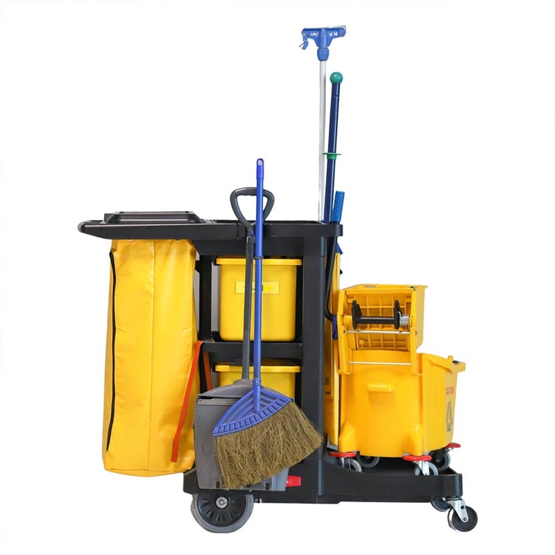 Restaurantware Restaurantware RW Clean 443 x 201 x 378 Cleaning Cart 1 HeavyDuty Janitorial Cart  With 3 Shelves 20Gallon Nylon Bag Plastic Housekeeping Wheeled For Commercial Use  Restaurantware Black