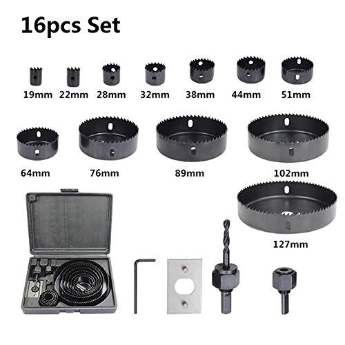 Mawson 16 PC Hole Saw Set KIT with 12 Carbon Steel Cups for Cutting Accurate Holes in Wood Drywall Plastic PVC and Soft Materials - Image 2
