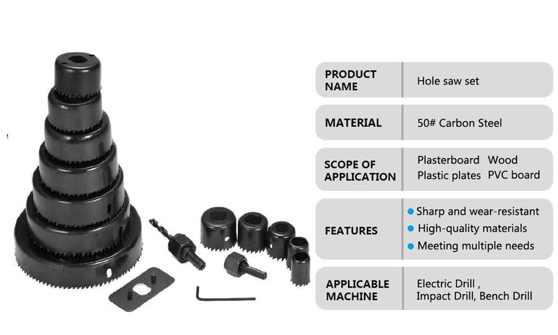 Mawson 16 PC Hole Saw Set KIT with 12 Carbon Steel Cups for Cutting Accurate Holes in Wood Drywall Plastic PVC and Soft Materials - Image 3