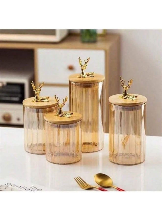 برطمانات تخزين زجاجية مزخرفة بغطاء غزال ذهبي، علب مطبخ ملونة بلون كهرماني، مجموعة من 3 قطع - Image 2
