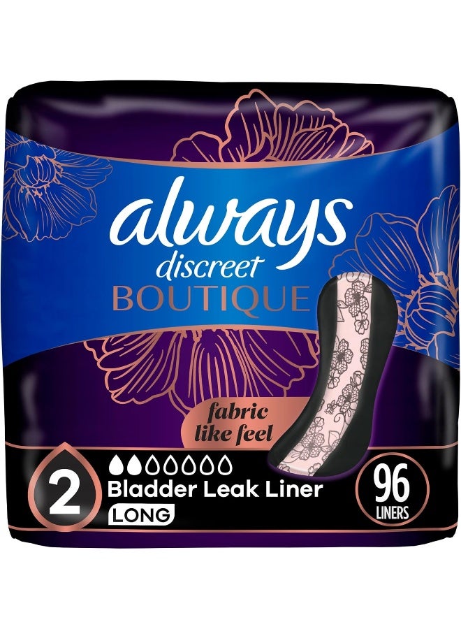 Always Discreet بطانات البوتيك للبالغين من ألويس ديسكريت لعدم التحكم في البول وما بعد الولادة للنساء، الحجم 2، امتصاص خفيف جداً، طول طويل، 32 قطعة × 3 عبوات (96 قطعة إجمالاً) (قد يختلف التغليف) - Image 1