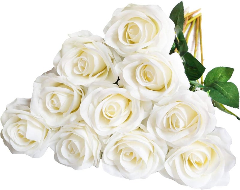 10pcs Artificial Silk Roses, Realistic Long Stem Faux Rose Flowers Bouquet for Wedding Centerpiece, Home and Kitchen Decor, Party Floral Arrangement, Durable Fade-Resistant Faux Flowers (White) - Image 1