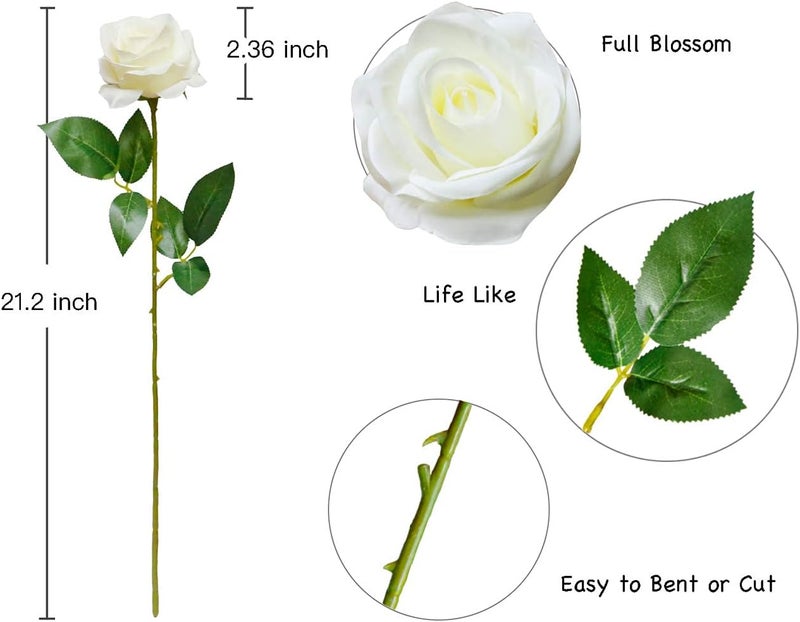 10pcs Artificial Silk Roses, Realistic Long Stem Faux Rose Flowers Bouquet for Wedding Centerpiece, Home and Kitchen Decor, Party Floral Arrangement, Durable Fade-Resistant Faux Flowers (White) - Image 2