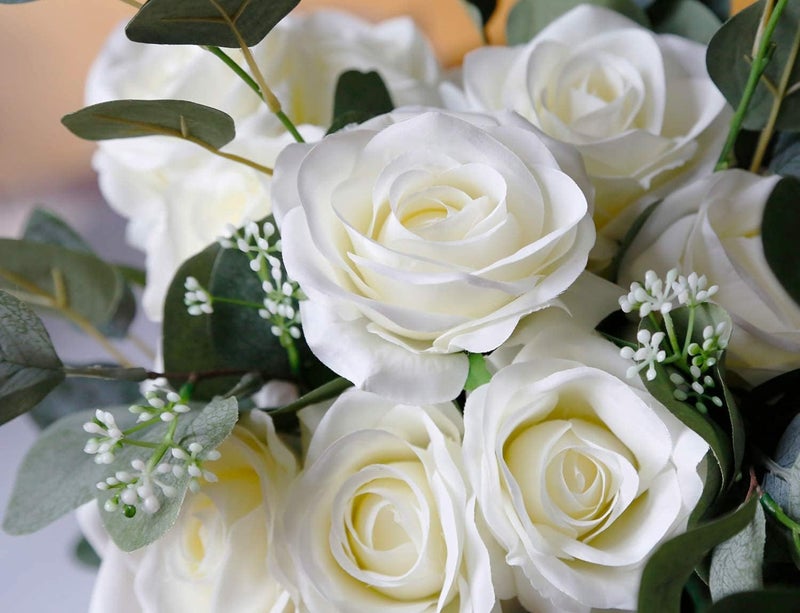10pcs Artificial Silk Roses, Realistic Long Stem Faux Rose Flowers Bouquet for Wedding Centerpiece, Home and Kitchen Decor, Party Floral Arrangement, Durable Fade-Resistant Faux Flowers (White) - Image 4