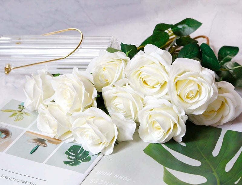 10pcs Artificial Silk Roses, Realistic Long Stem Faux Rose Flowers Bouquet for Wedding Centerpiece, Home and Kitchen Decor, Party Floral Arrangement, Durable Fade-Resistant Faux Flowers (White) - Image 3
