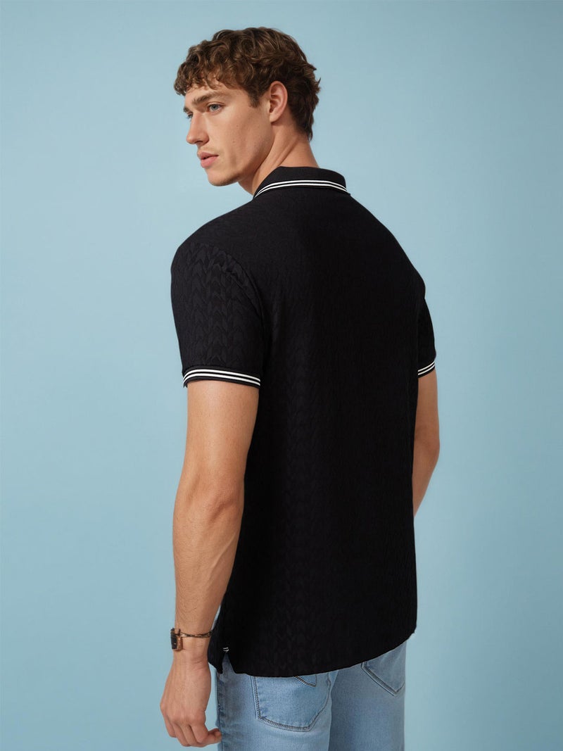 STATUS QUO Textured Contrast Tipping Regular Fit Black Polo T-shirt - Image 3