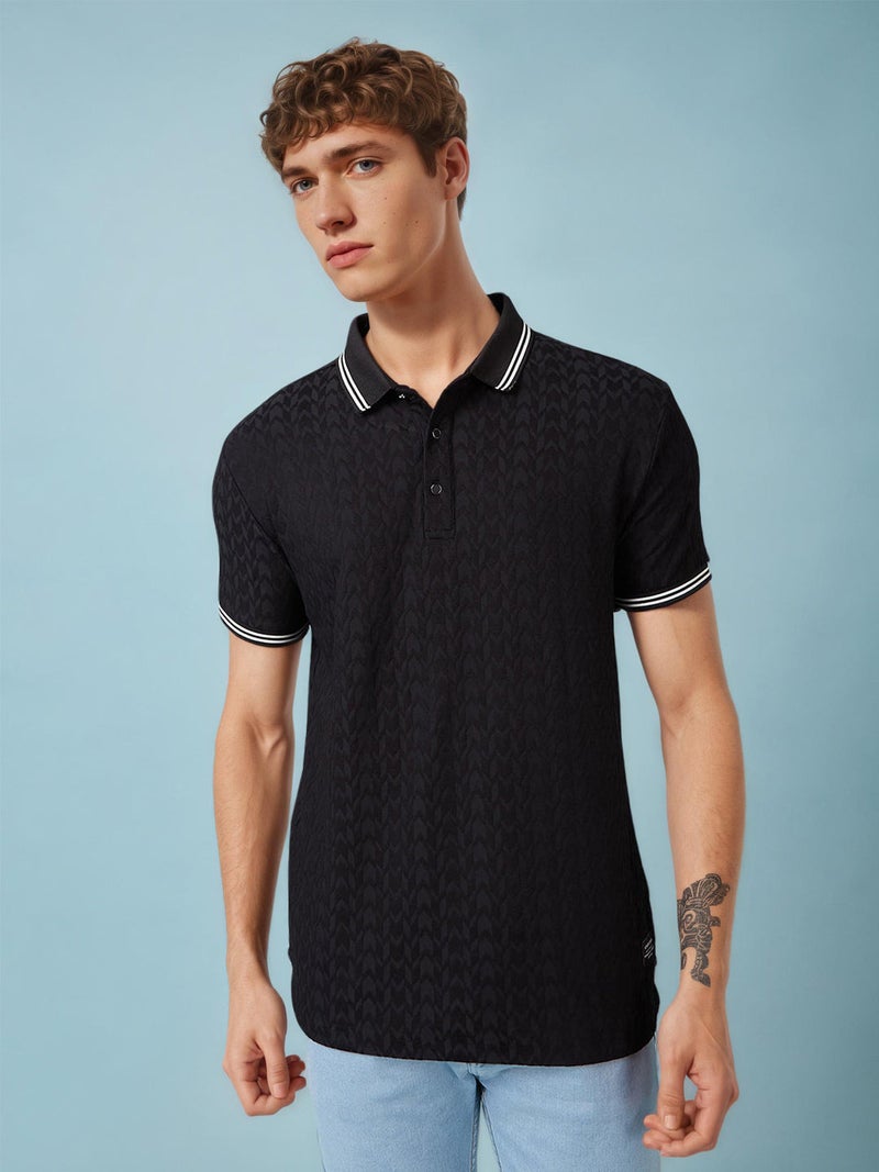 STATUS QUO Textured Contrast Tipping Regular Fit Black Polo T-shirt - Image 1