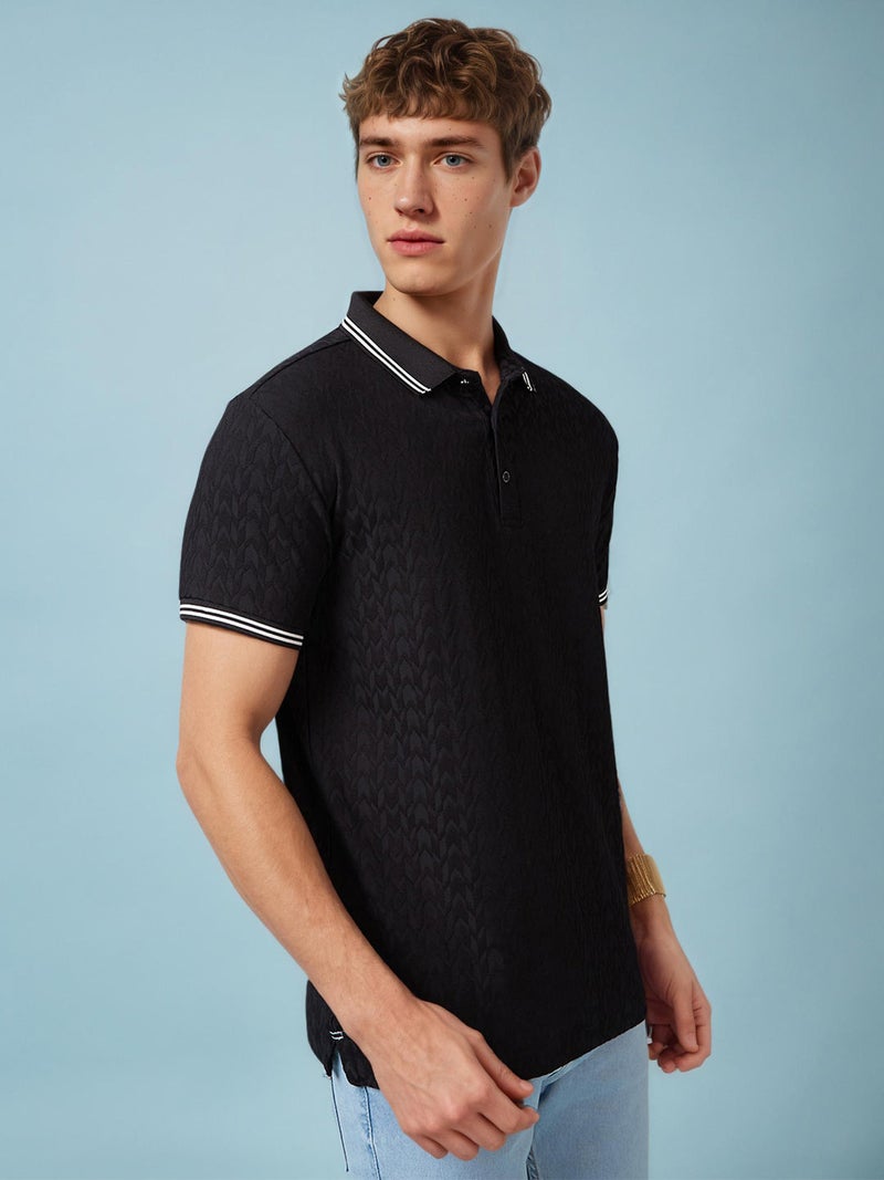 STATUS QUO Textured Contrast Tipping Regular Fit Black Polo T-shirt - Image 2