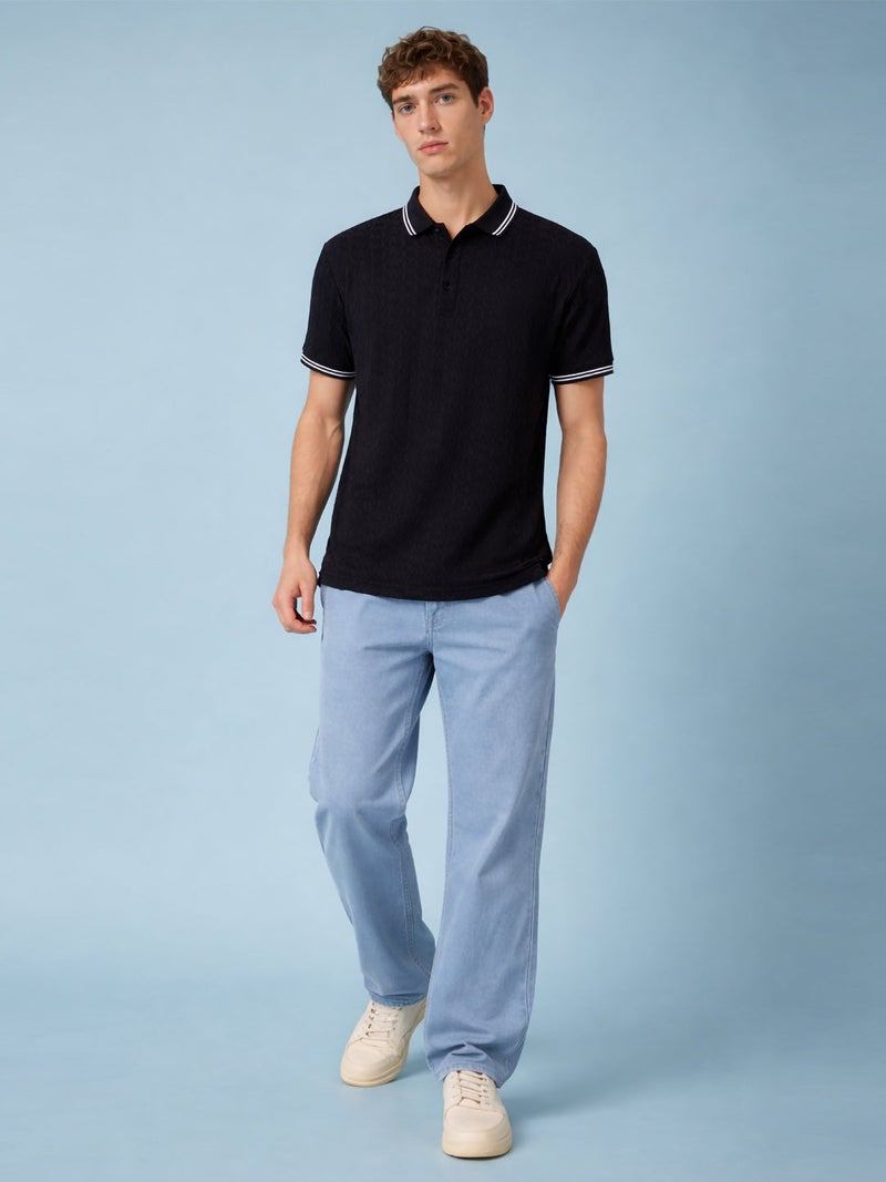 STATUS QUO Textured Contrast Tipping Regular Fit Black Polo T-shirt - Image 5
