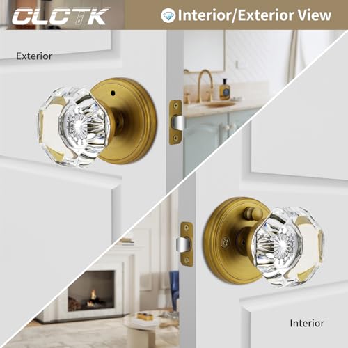 CLCTK Antique Brass Door Knobs Glass Door Knobs Interior with Lock, Vintage Crystal Privacy Octagon Door Knobs for Bedroom Bathroom - Image 3
