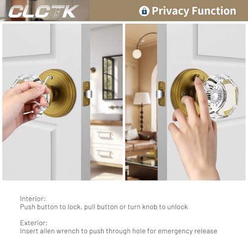 CLCTK Antique Brass Door Knobs Glass Door Knobs Interior with Lock, Vintage Crystal Privacy Octagon Door Knobs for Bedroom Bathroom - Image 4