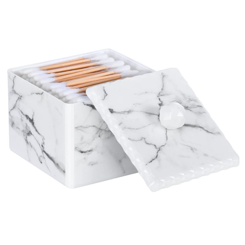 Luxspire Luxspire Cotton Swab Storage Box with Lid, Q-Tip Swab Holder Cotton Ball Canister Jar Cotton Bud Round Dispenser Box, Cosmetics Makeup Countertop Vanity Bathroom Organizer Containers, Marble White  - Image 1