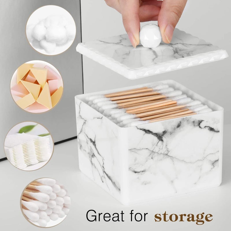 Luxspire Luxspire Cotton Swab Storage Box with Lid, Q-Tip Swab Holder Cotton Ball Canister Jar Cotton Bud Round Dispenser Box, Cosmetics Makeup Countertop Vanity Bathroom Organizer Containers, Marble White  - Image 2