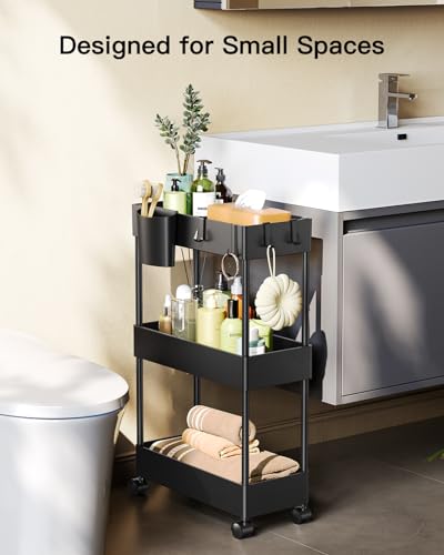 Pipishell Slim Storage Cart with Wheels - 3 Tier Bathroom Organizers and Storage Cart - Rolling Carts for Bathroom, Kitchen, Narrow Space, Laundry Room,Black - Image 3