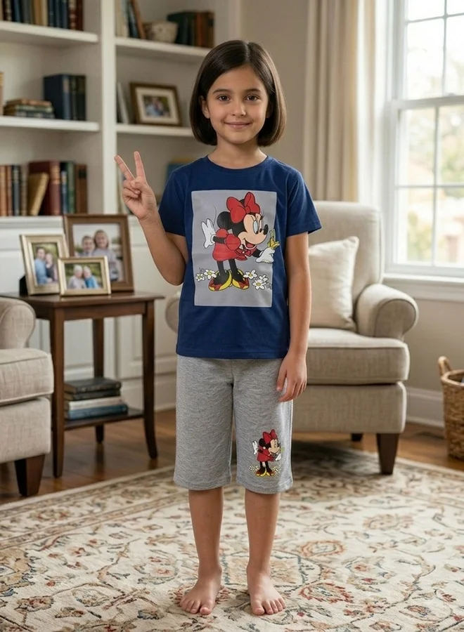 HAWRAA ABAYA Girls' Minnie Mouse Pajama Set in Navy and Gray – Cartoon T-Shirt and Shorts, Comfortable for Everyday Wear
