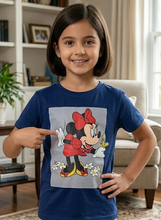 HAWRAA ABAYA Girls' Minnie Mouse Pajama Set in Navy and Gray – Cartoon T-Shirt and Shorts, Comfortable for Everyday Wear