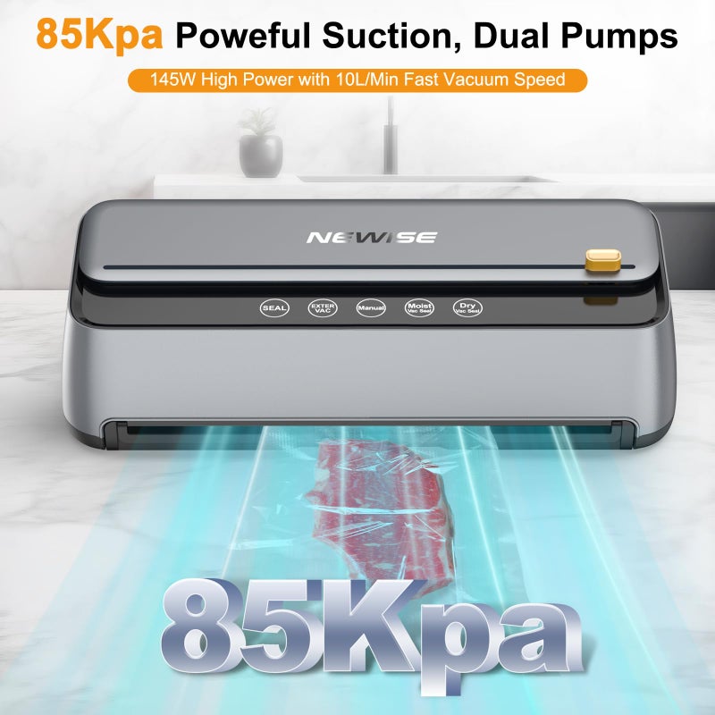 Newise Automatic Vacuum Sealer Machine - Kitchen Gifts for Mom, 85Kpa Powerful Suction for Dry and Moist Food Preservation, External Hose & Bag Cutter, Leakproof Seal, Self-Cleaning Mode - Image 3
