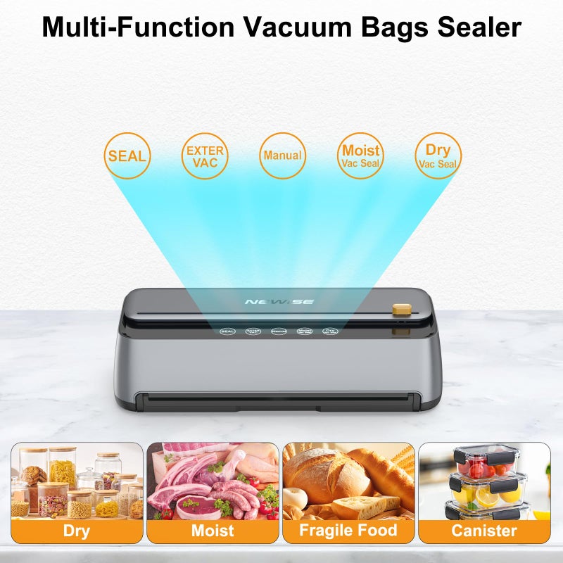 Newise Automatic Vacuum Sealer Machine - Kitchen Gifts for Mom, 85Kpa Powerful Suction for Dry and Moist Food Preservation, External Hose & Bag Cutter, Leakproof Seal, Self-Cleaning Mode - Image 2