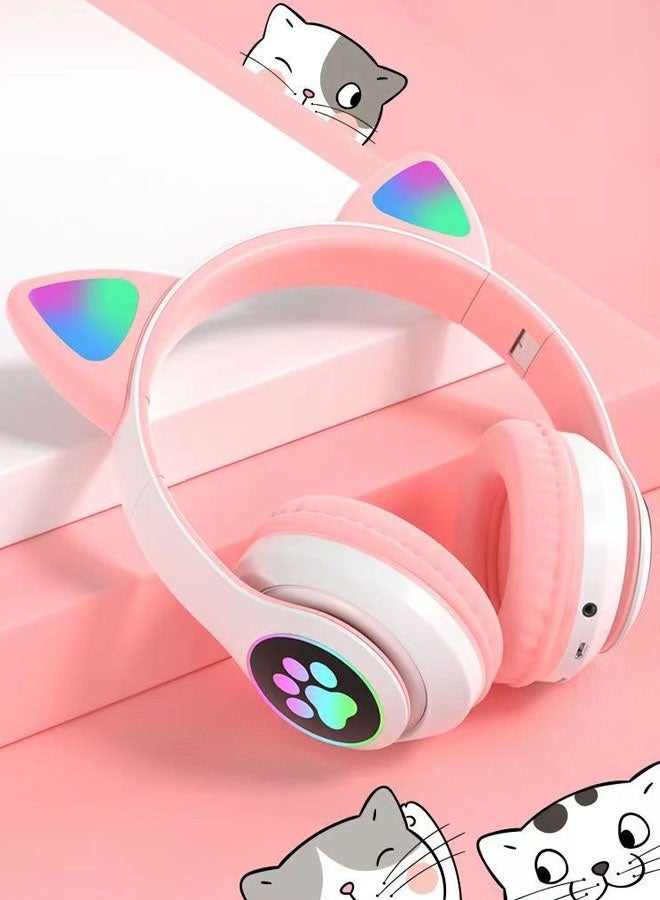 سماعات رأس لاسلكية بأذني قطة لطيفة STN-28 تتوهج فوق الأذن مع ميكروفون سماعة ستيريو موسيقى للألعاب بلوتوث 5.0 للفتيات والفتيان (أبيض + وردي) - Image 2