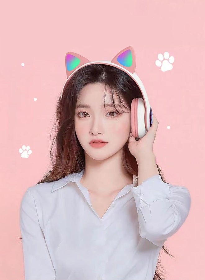 سماعات رأس لاسلكية بأذني قطة لطيفة STN-28 تتوهج فوق الأذن مع ميكروفون سماعة ستيريو موسيقى للألعاب بلوتوث 5.0 للفتيات والفتيان (أبيض + وردي) - Image 3