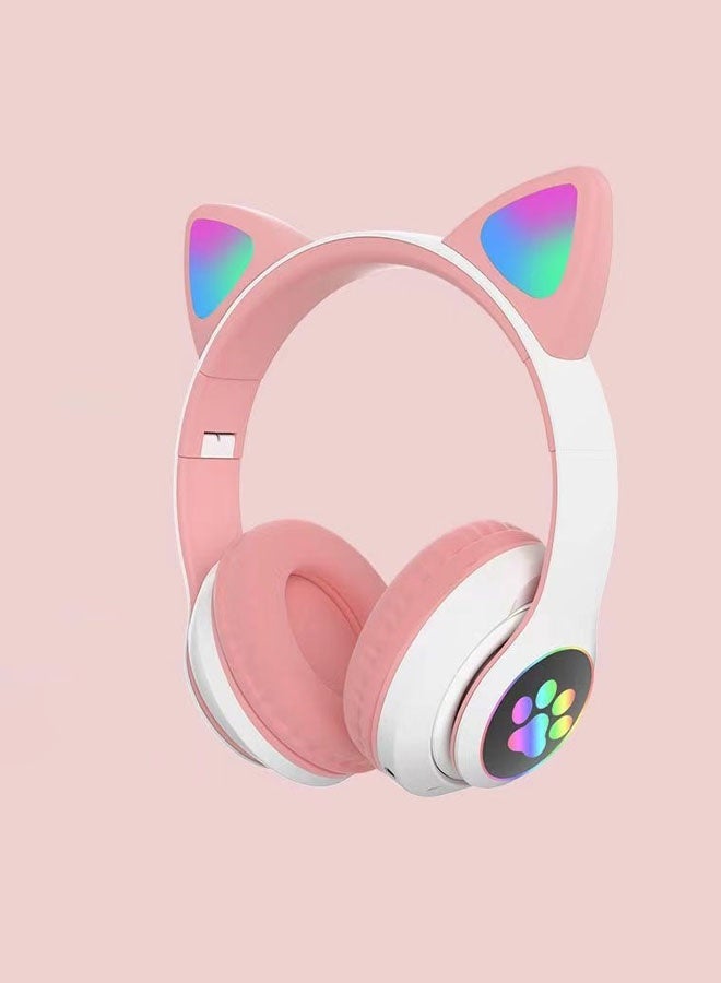 سماعات رأس لاسلكية بأذني قطة لطيفة STN-28 تتوهج فوق الأذن مع ميكروفون سماعة ستيريو موسيقى للألعاب بلوتوث 5.0 للفتيات والفتيان (أبيض + وردي) - Image 1