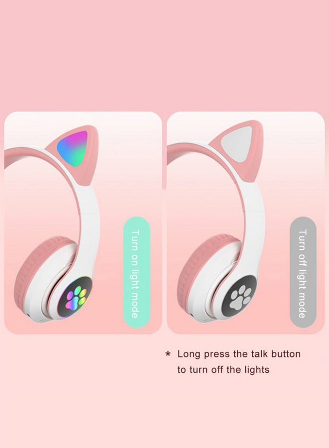 سماعات رأس لاسلكية بأذني قطة لطيفة STN-28 تتوهج فوق الأذن مع ميكروفون سماعة ستيريو موسيقى للألعاب بلوتوث 5.0 للفتيات والفتيان (أبيض + وردي) - Image 4