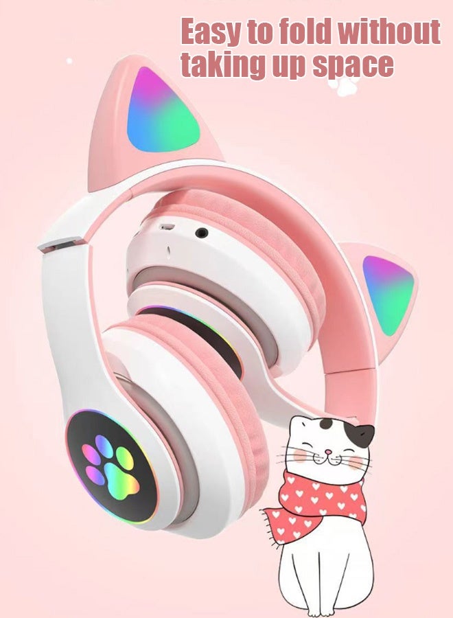 سماعات رأس لاسلكية بأذني قطة لطيفة STN-28 تتوهج فوق الأذن مع ميكروفون سماعة ستيريو موسيقى للألعاب بلوتوث 5.0 للفتيات والفتيان (أبيض + وردي) - Image 5