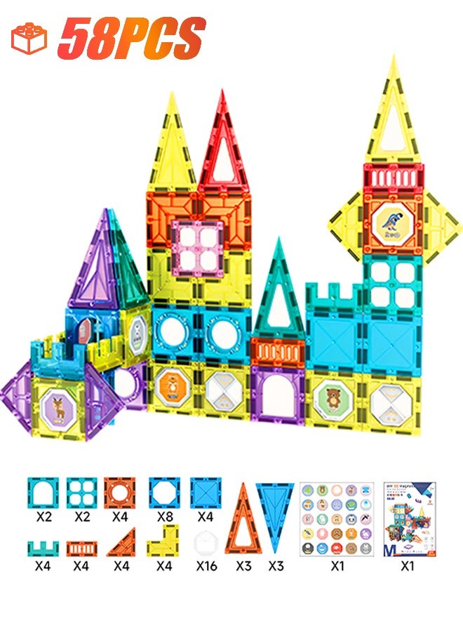 58pcs  Magnetic Building Blocks, Magnetic Building Tiles with Various Shapes, Suitable for Developing Motor Skills and Creativity - Image 1