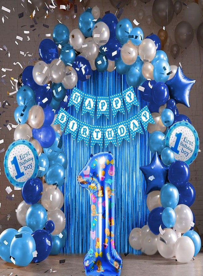 JUST PARTY مجموعة زينة عيد الميلاد الأول للأولاد من جست بارتي - 65 قطعة زينة كاملة لحفلة عيد ميلاد الأولاد الأول - بالونات زرقاء، بالونات فويل، ومجموعة زينة يمكنك تركيبها بنفسك - Image 1