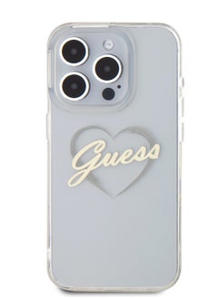 GUESS iPhone 16 Pro Case IML Hard Cover with Heart Logo / Drop protection / Comfortable Grip / Slim Back Cover - Transparent 