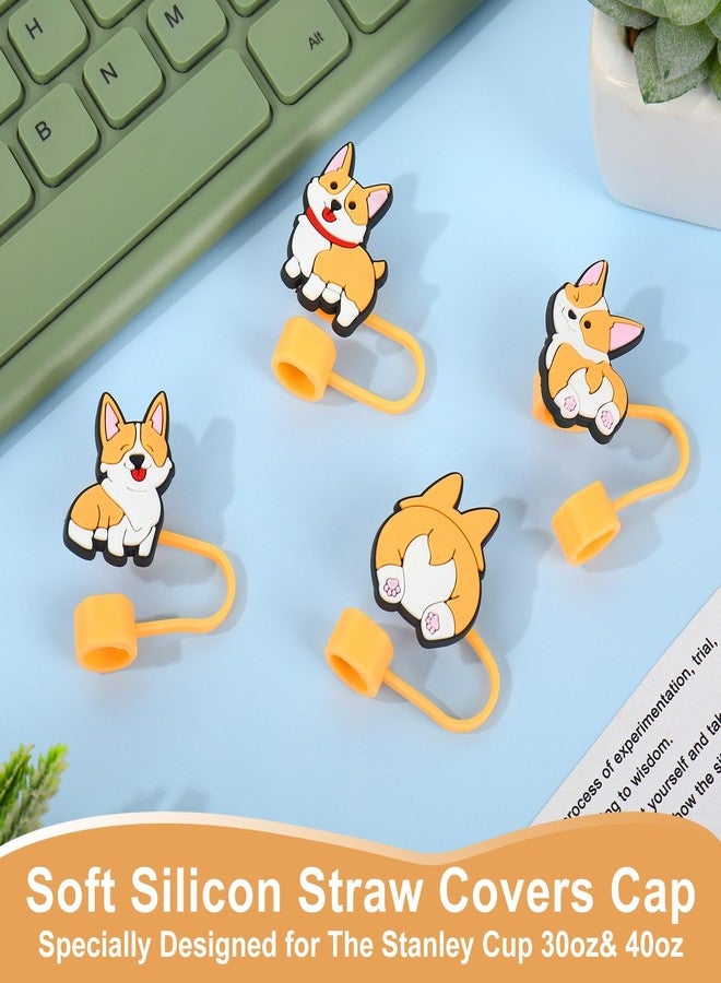 وولاين مجموعة أغطية شفاطات من السيليكون قابلة لإعادة الاستخدام بتصميم كلب كورجي لطيف من والين، 4 قطع، مقاس 10 مم/0.4 بوصة، لحماية طرف الشفاط، مناسبة لأكواب سعة 30/40 أونصة. - Image 3