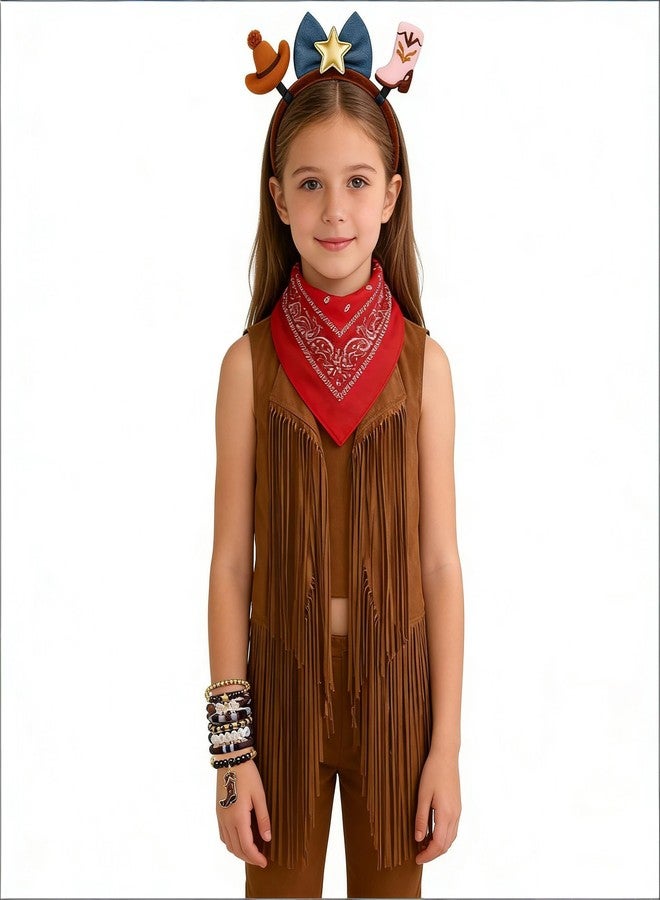 ZZIHAN Kids Cowgirl Cowboy Costume for Toddler Girls 5–6 — Western Outfit Accessories Set with Fringed Vest, Headband, Beaded Bracelet & Red Bandana, Ideal for Halloween,Career Day & Dress-Up Party - Image 2