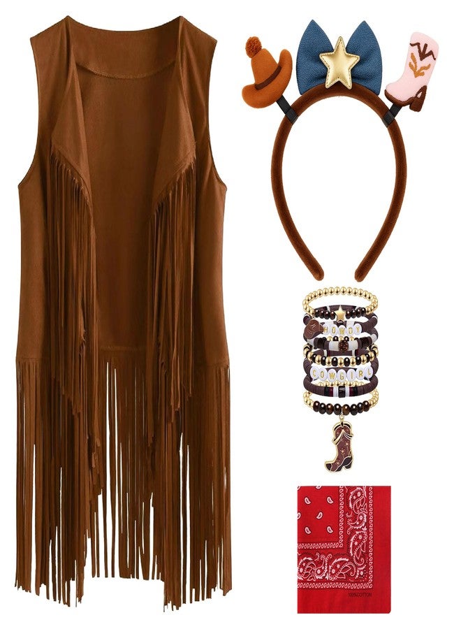ZZIHAN Kids Cowgirl Cowboy Costume for Toddler Girls 5–6 — Western Outfit Accessories Set with Fringed Vest, Headband, Beaded Bracelet & Red Bandana, Ideal for Halloween,Career Day & Dress-Up Party - Image 1