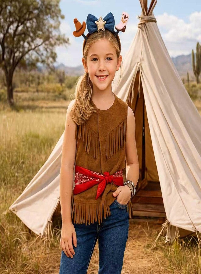 ZZIHAN Kids Cowgirl Cowboy Costume for Toddler Girls 5–6 — Western Outfit Accessories Set with Fringed Vest, Headband, Beaded Bracelet & Red Bandana, Ideal for Halloween,Career Day & Dress-Up Party - Image 3