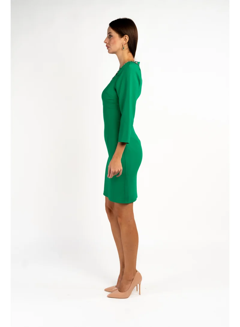 فاشونارا Bottle Green Knee Length Party Dress With Crystal Embossing