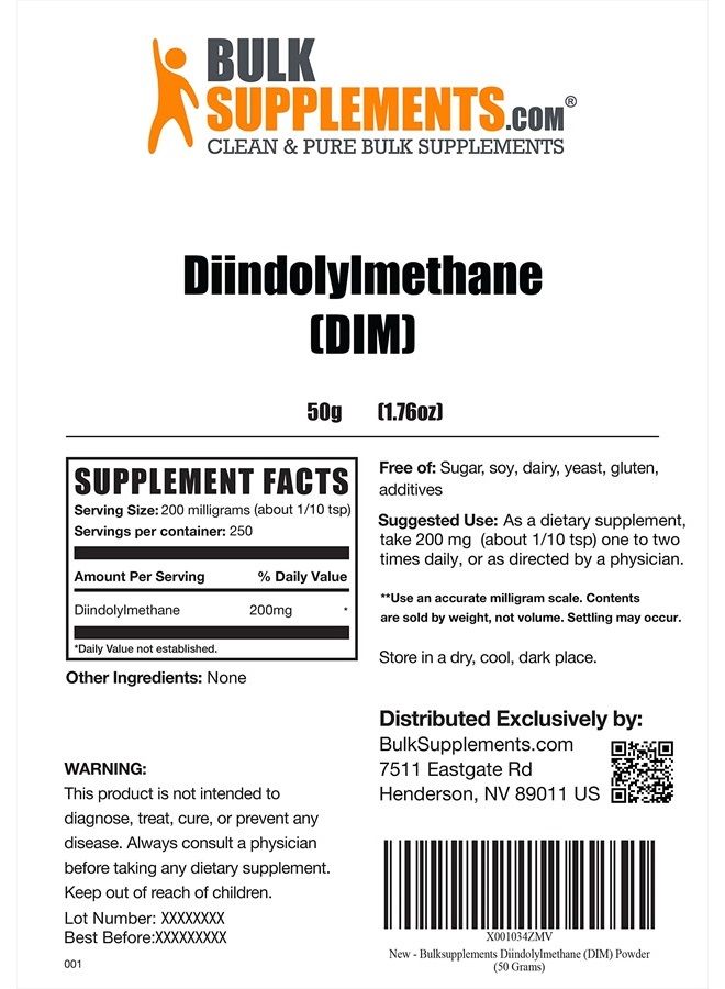 BULKSUPPLEMENTS.COM DIM Powder (Diindolylmethane) - DIM Supplement for Liver Support - Gluten Free, Soy Free Powder - 200mg per Serving, 250 Servings (50 Grams - 1.8 oz) - Image 2