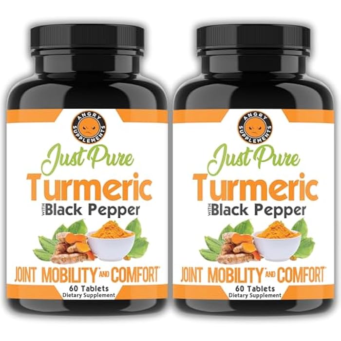 Angry Supplements Just Pure Turmeric Root with Black Pepper – Support, Comfort, Flexibility Blend, 2-Pack (120 Vegetarian Tablets Total) 4-Month Supply - Image 1