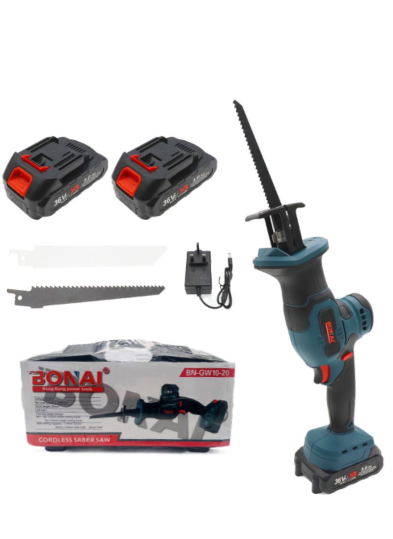 BONAI - DC36VF Cordless Reciprocating Saw - High Performance at 2800 RPM with 20mm Stroke Length, LED Light, and Tool-Less Blade Change 3Ah Battery, Charger, and Bonus 100mm Wood Cutting Blade. - Image 1
