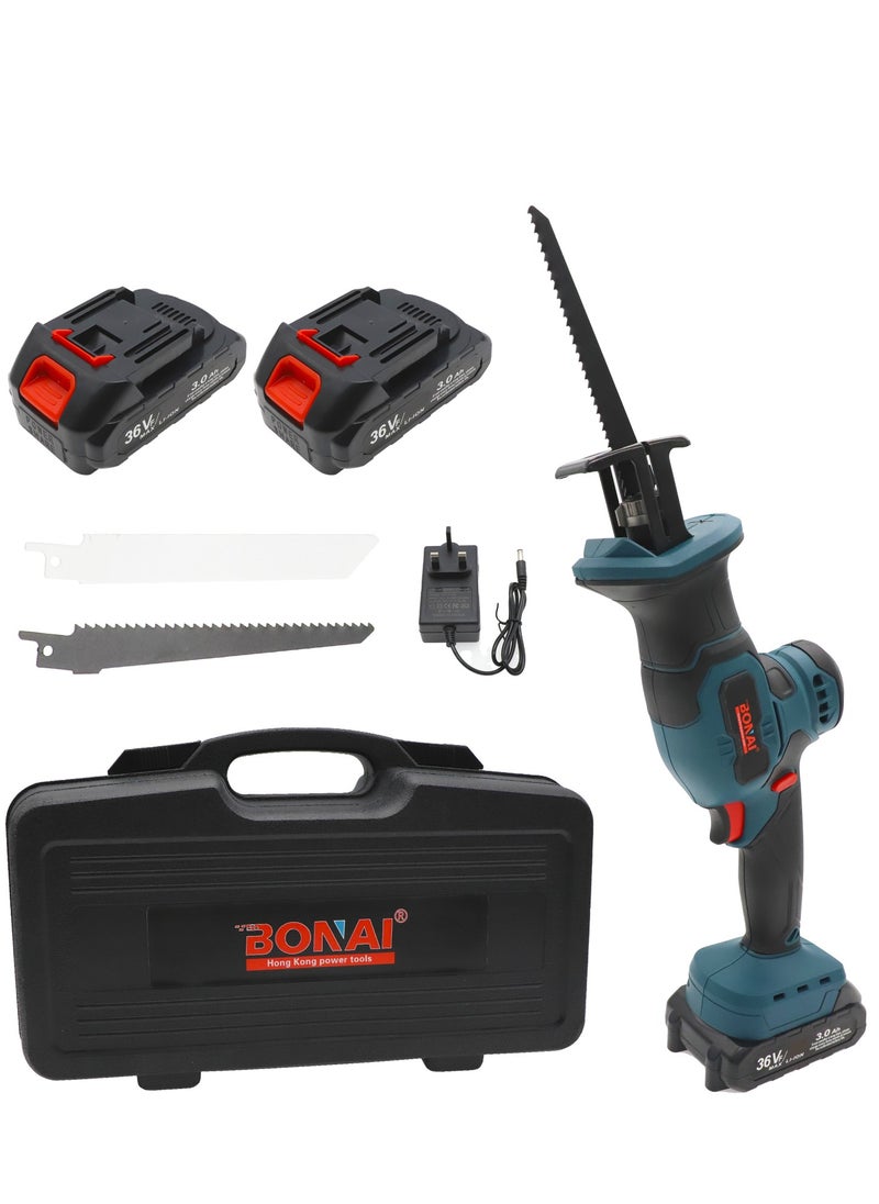 BONAI DC36VF Cordless Reciprocating Saw - High Performance at 2800 RPM with 20mm Stroke Length, LED Light, and Tool-Less Blade Change 3Ah Battery, Charger, and Bonus 100mm Wood Cutting Blade.  - Image 1