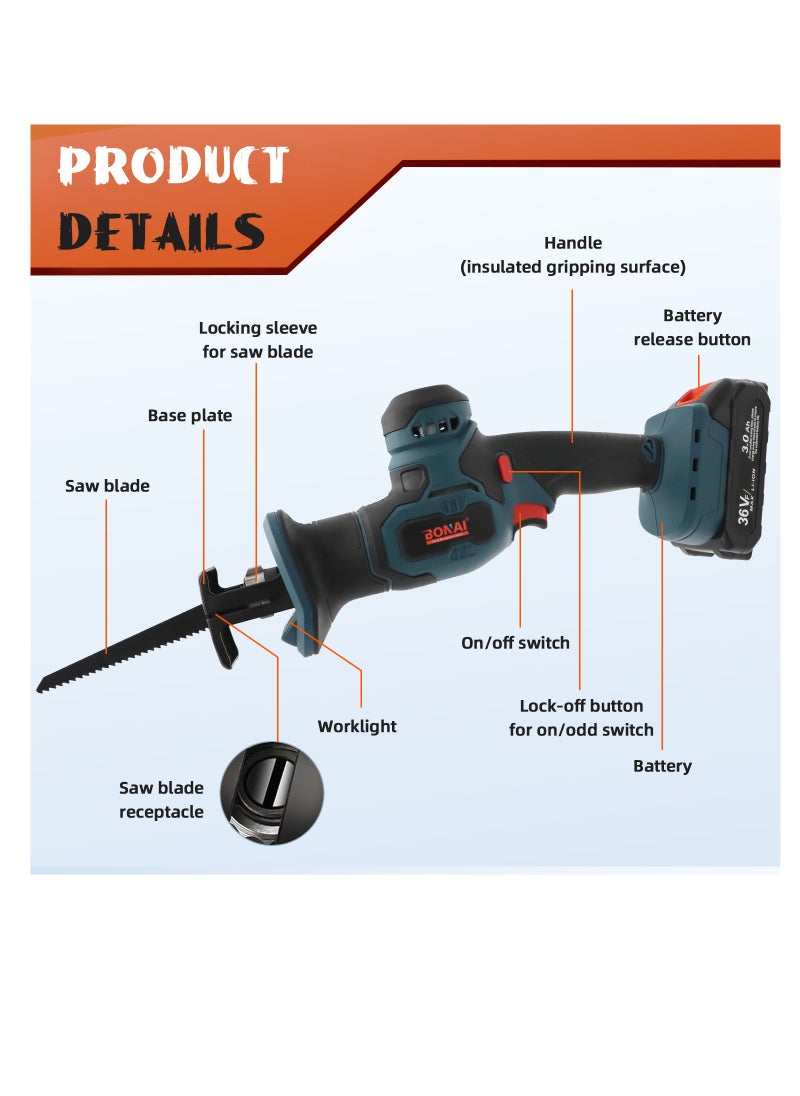 BONAI DC36VF Cordless Reciprocating Saw - High Performance at 2800 RPM with 20mm Stroke Length, LED Light, and Tool-Less Blade Change 3Ah Battery, Charger, and Bonus 100mm Wood Cutting Blade.  - Image 4