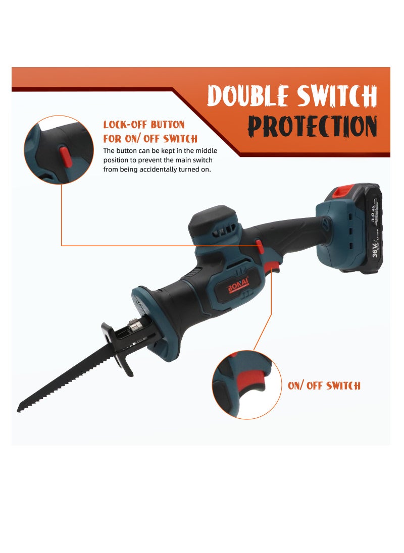 BONAI DC36VF Cordless Reciprocating Saw - High Performance at 2800 RPM with 20mm Stroke Length, LED Light, and Tool-Less Blade Change 3Ah Battery, Charger, and Bonus 100mm Wood Cutting Blade.  - Image 3