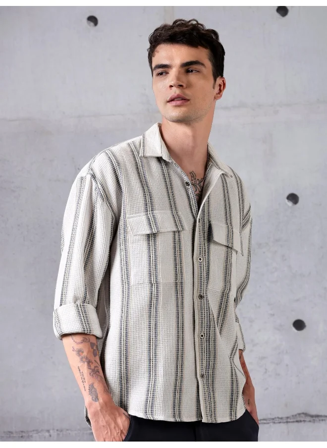 بيونغ White Striped Waffle Shirt for Men