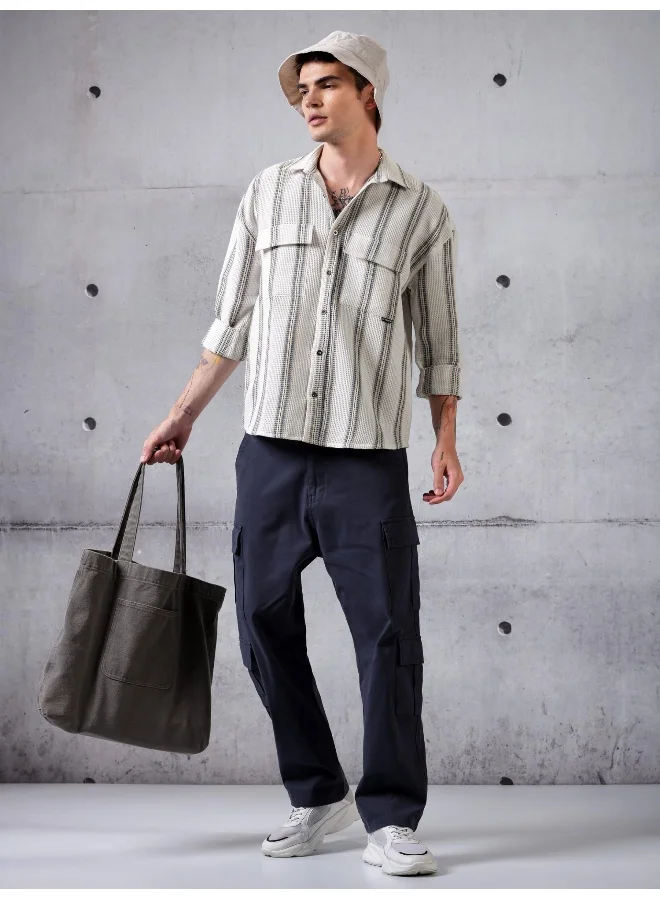 بيونغ White Striped Waffle Shirt for Men