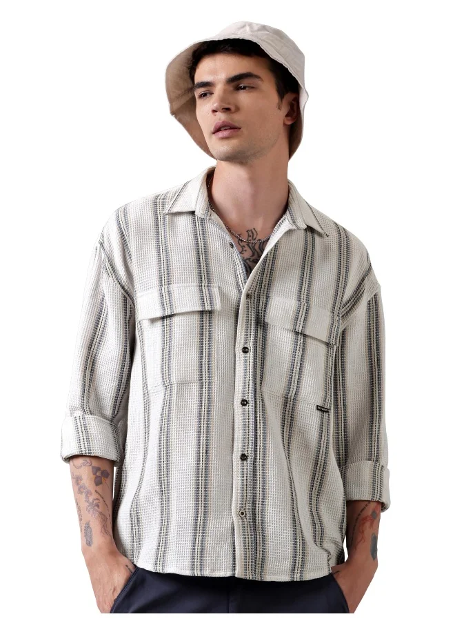 بيونغ White Striped Waffle Shirt for Men
