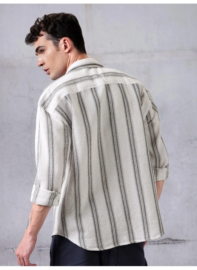 بيونغ White Striped Waffle Shirt for Men