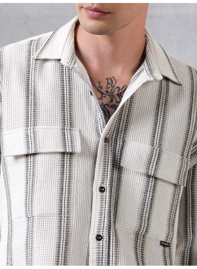 بيونغ White Striped Waffle Shirt for Men